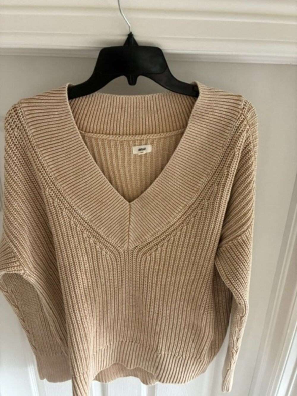 Aerie 100% Cotton Lightweight Chunky Knit V-Neck Pullover Beige - Size M -